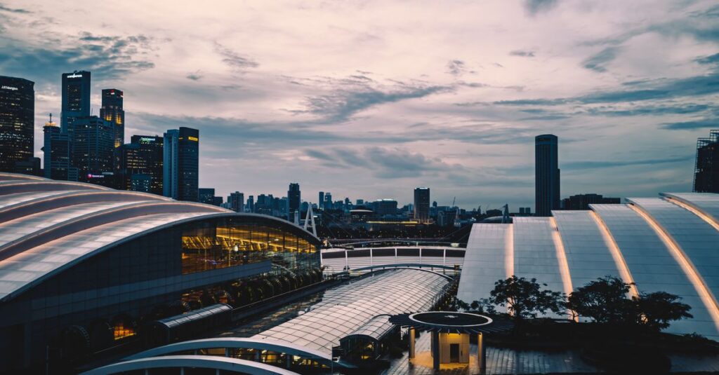Scenic Singapore city skyline at dusk featuring modern skyscrapers and urban architecture.
